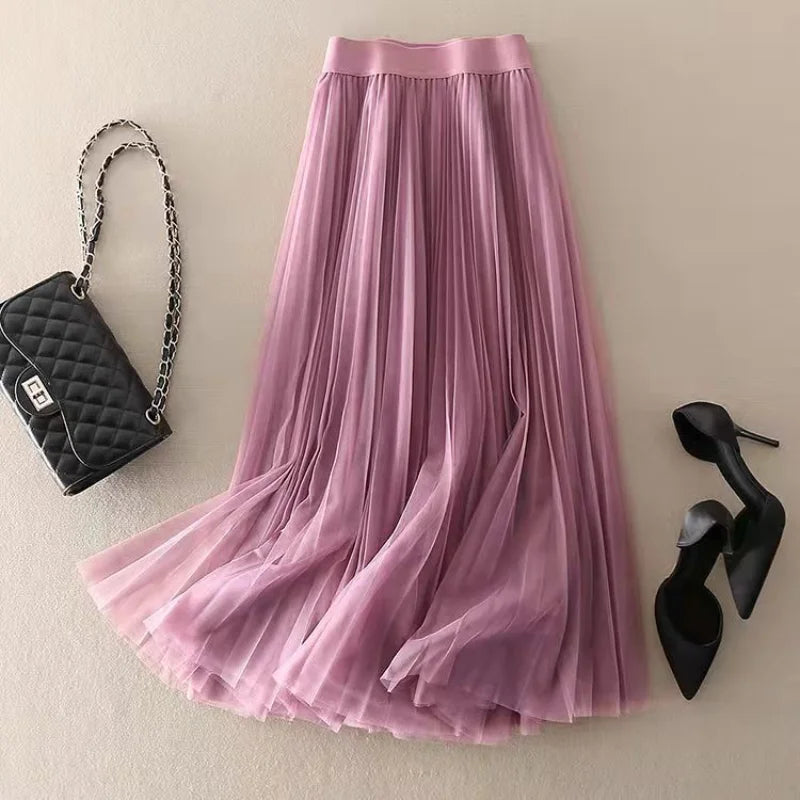 Pleated Mesh Midi Skirt for Everyday Elegance