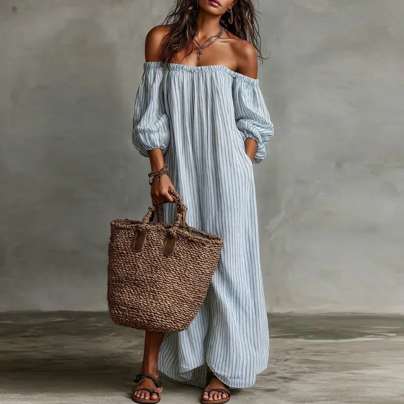 Off Shoulder Striped Maxi Dress for Beach Vacations