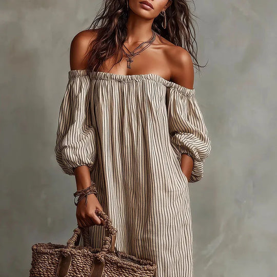 Off Shoulder Striped Maxi Dress for Beach Vacations