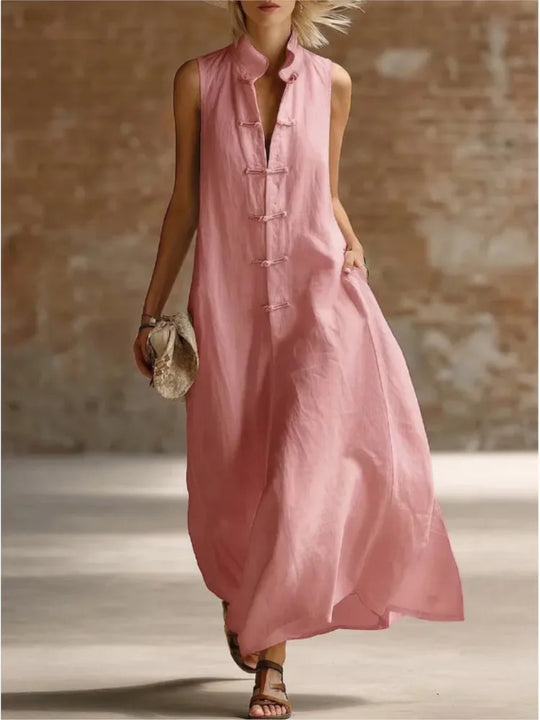 Breezy Frog Button Sleeveless Maxi Dress for Summer