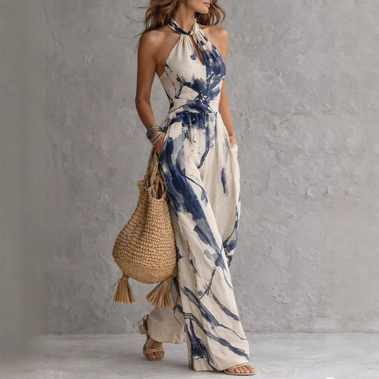 Sleeveless Watercolor Print Halter Wide-Leg Jumpsuit for Summer and Vacation