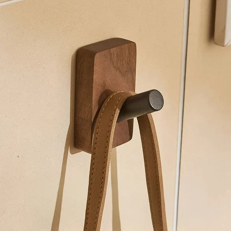 Natural Walnut Wood and Metal Wall Hooks for Entryway and Bathroom