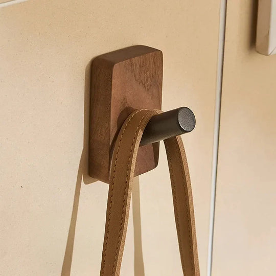 Natural Walnut Wood and Metal Wall Hooks for Entryway and Bathroom