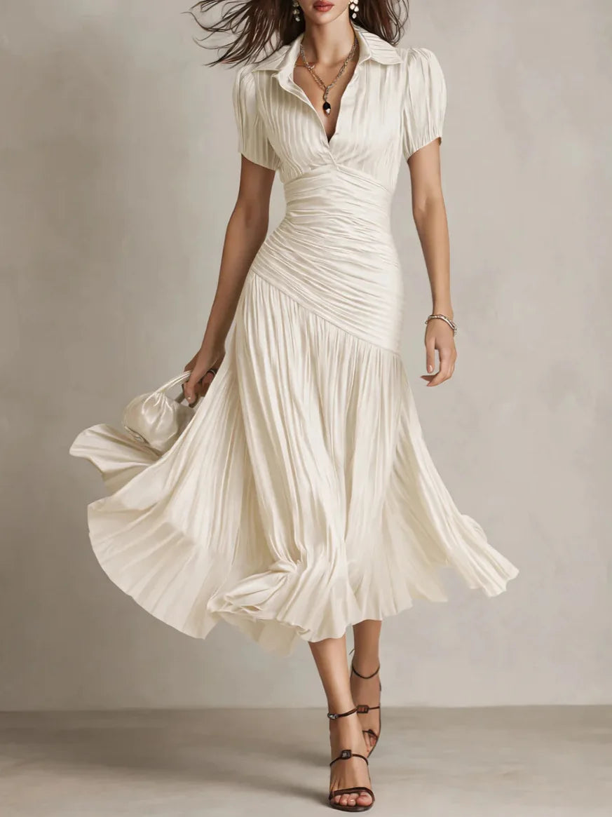 Elegant Satin Pleated Midi Dress for Workdays and Occasions