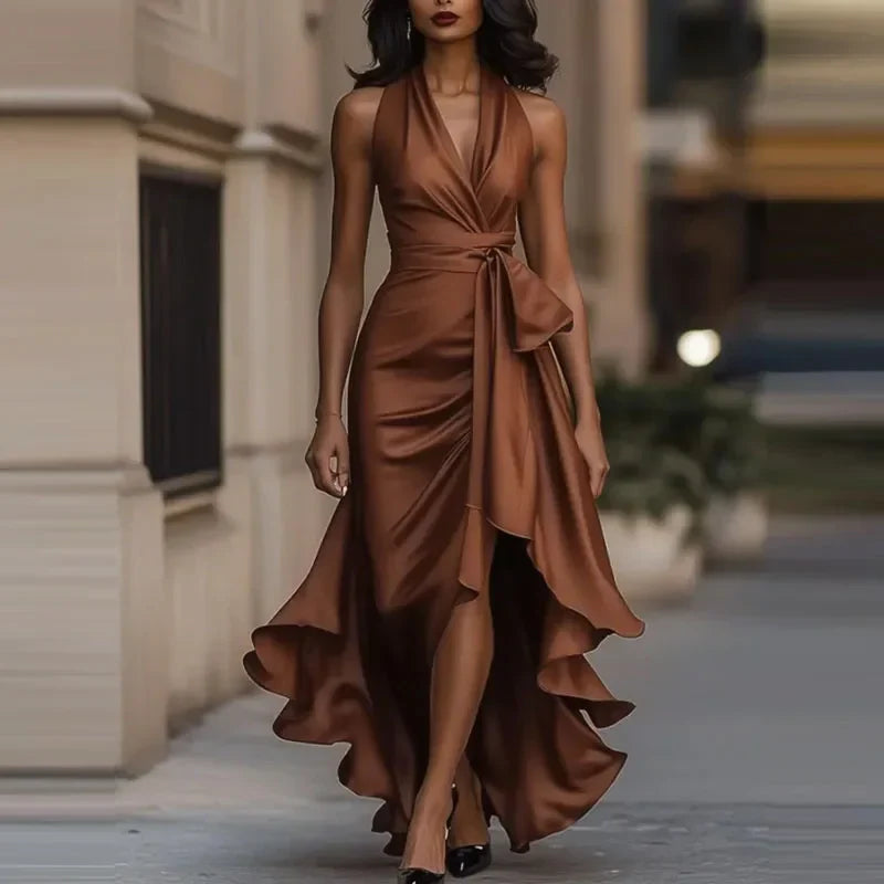 Halter Satin Maxi Dress for Evening Banquets