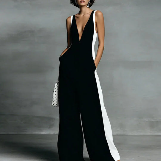 Elegant Deep V Neck Wide Leg Jumpsuit for Summer