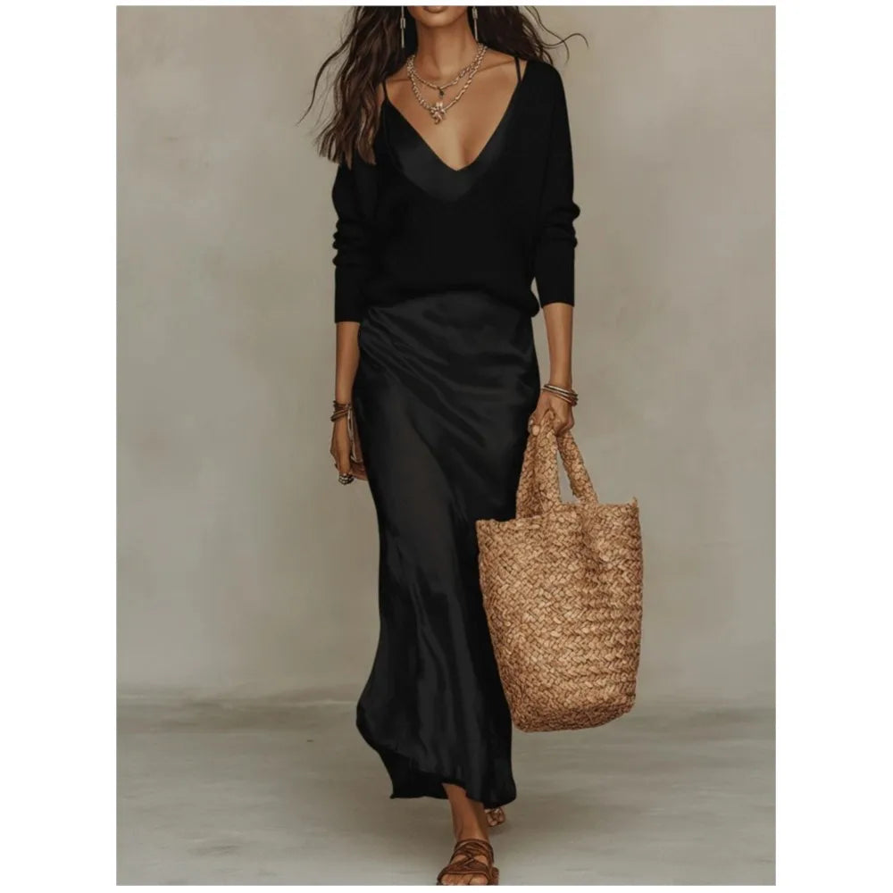Satin Skirt and Knit Top Two Piece Set for Workdays