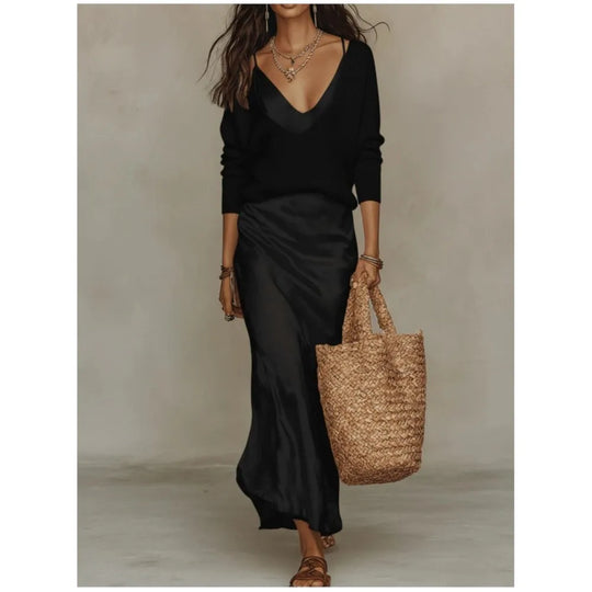 Satin Skirt and Knit Top Two Piece Set for Workdays