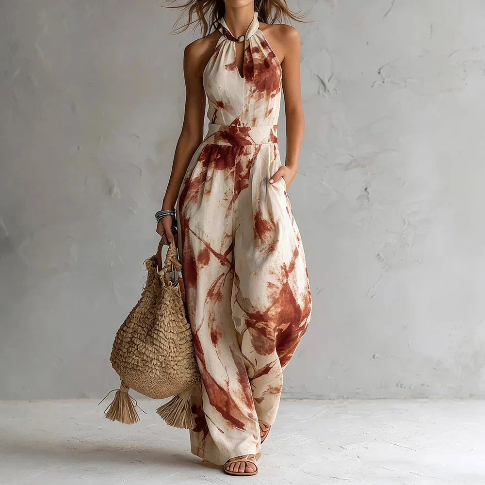 Sleeveless Watercolor Print Halter Wide-Leg Jumpsuit for Summer and Vacation