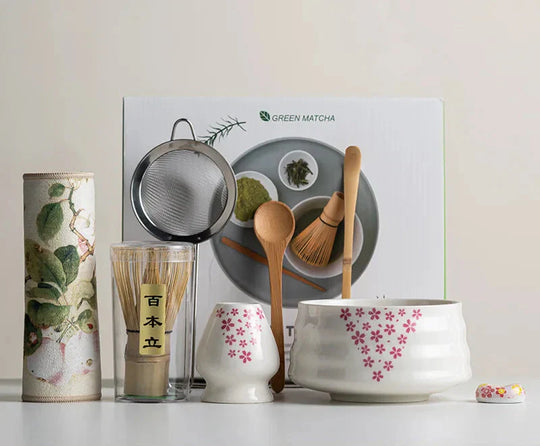 Sakura Ceramic Matcha Bowl and Bamboo Whisk Tea Set for Tea Ceremony