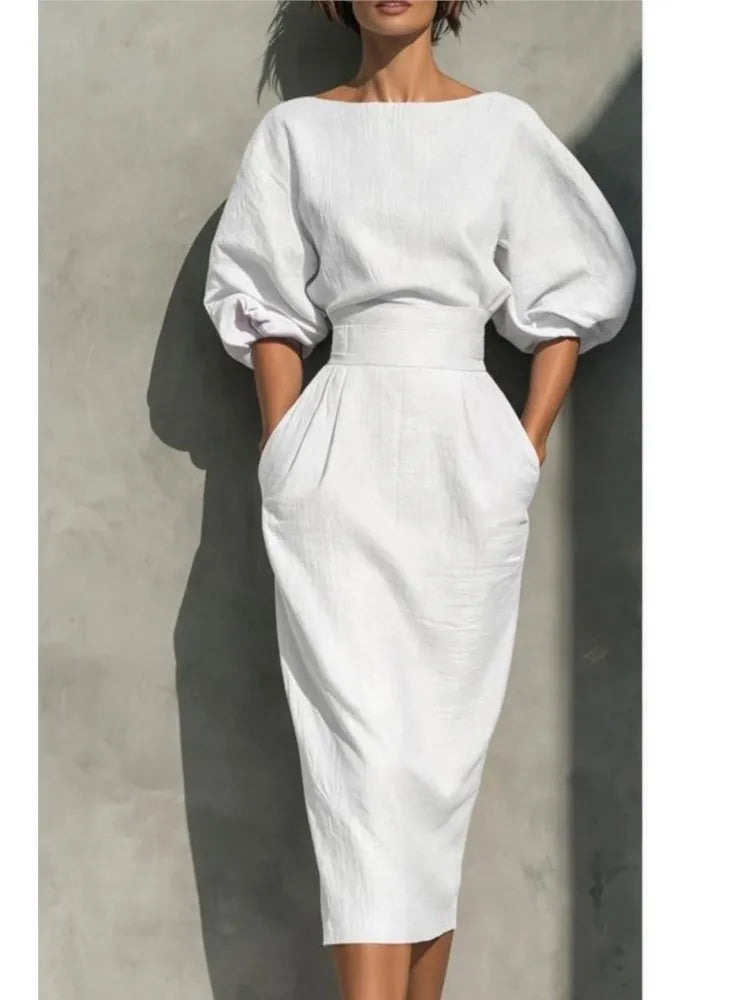 Elegant Pleated Lantern Sleeve Midi Dress for Office and Occasions