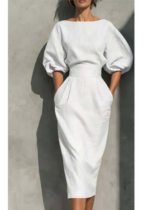 Elegant Pleated Lantern Sleeve Midi Dress for Office and Occasions