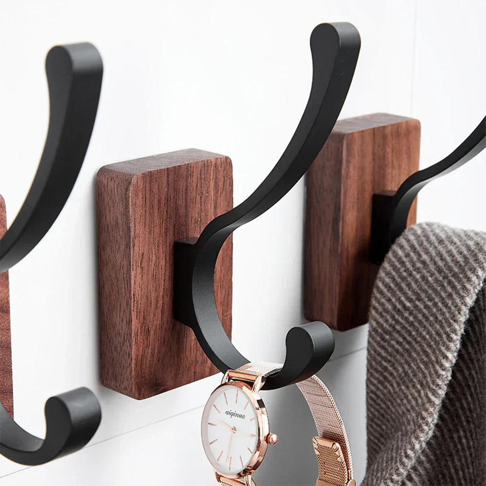 Natural Walnut Wood and Metal Wall Hooks for Entryway and Bathroom