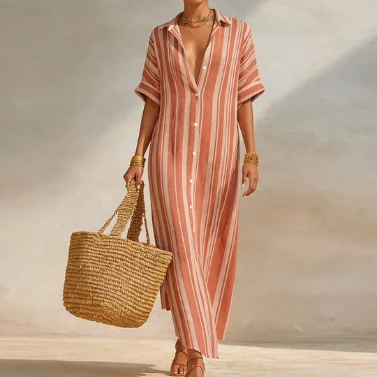Breezy Striped Linen Long Shirt Dress for Summer and Beach