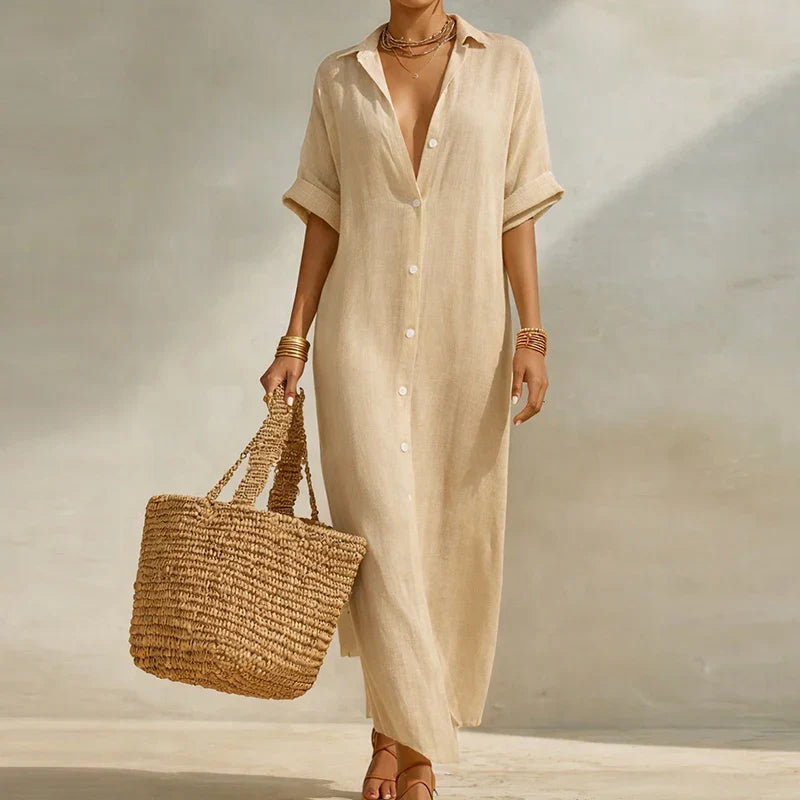 Breezy Striped Linen Long Shirt Dress for Summer and Beach