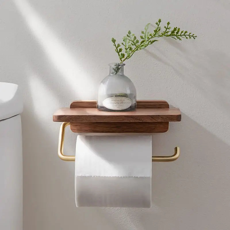 Walnut Wood and Brass Toilet Roll Holder with Shelf for Bathroom