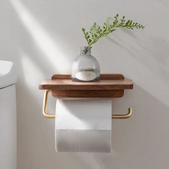 Walnut Wood and Brass Toilet Roll Holder with Shelf for Bathroom