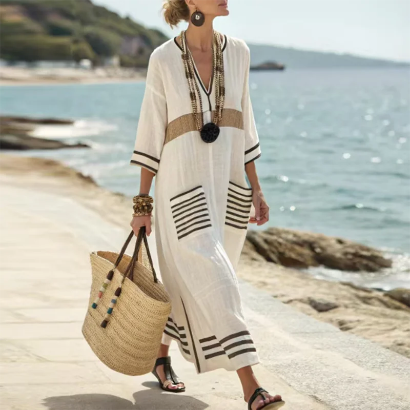 Coastal Striped V-Neck Kaftan Maxi Dress for Beach and Resort Wear - Beige