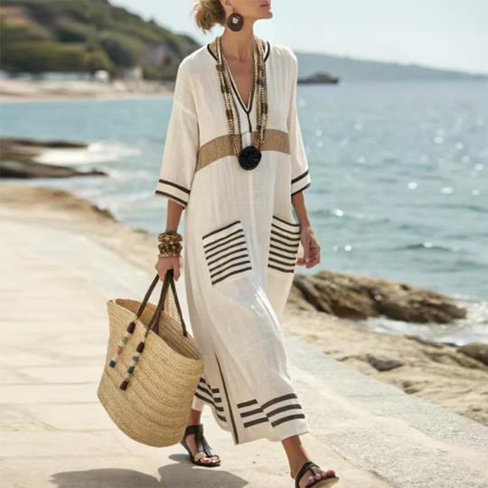 Coastal Striped V-Neck Kaftan Maxi Dress for Beach and Resort Wear - Beige