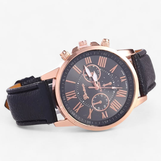 Womens watch with black leather strap