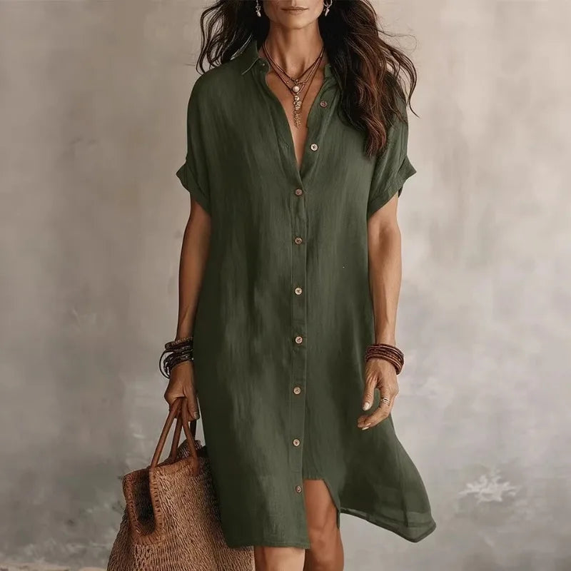 Casual Button Down Cotton Linen Shirt Dress for Summer and Beach