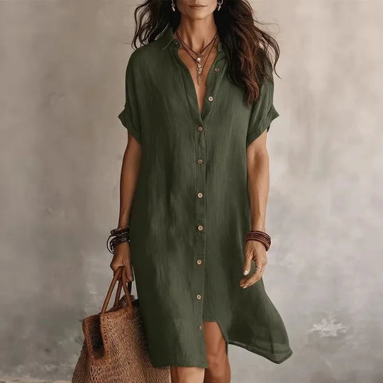 Casual Button Down Cotton Linen Shirt Dress for Summer and Beach
