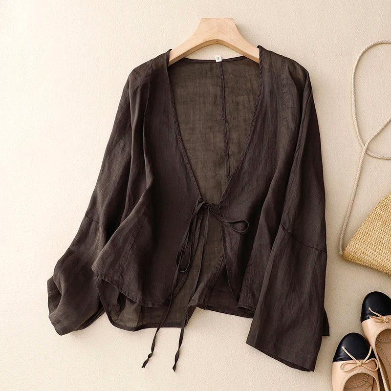 Lightweight Tie Front Linen Cardigan for Sun Protection