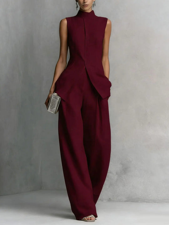 Elegant Sleeveless Linen Top and Wide Leg Pant Set for Workwear
