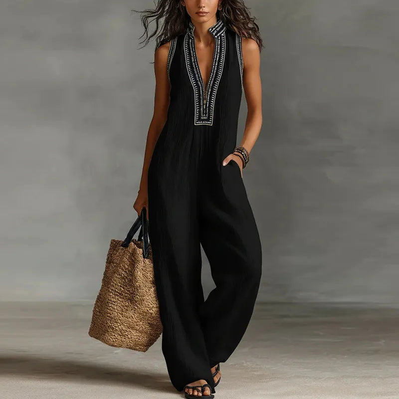 Vintage Deep V-Neck Sleeveless Jumpsuit for Work and Summer