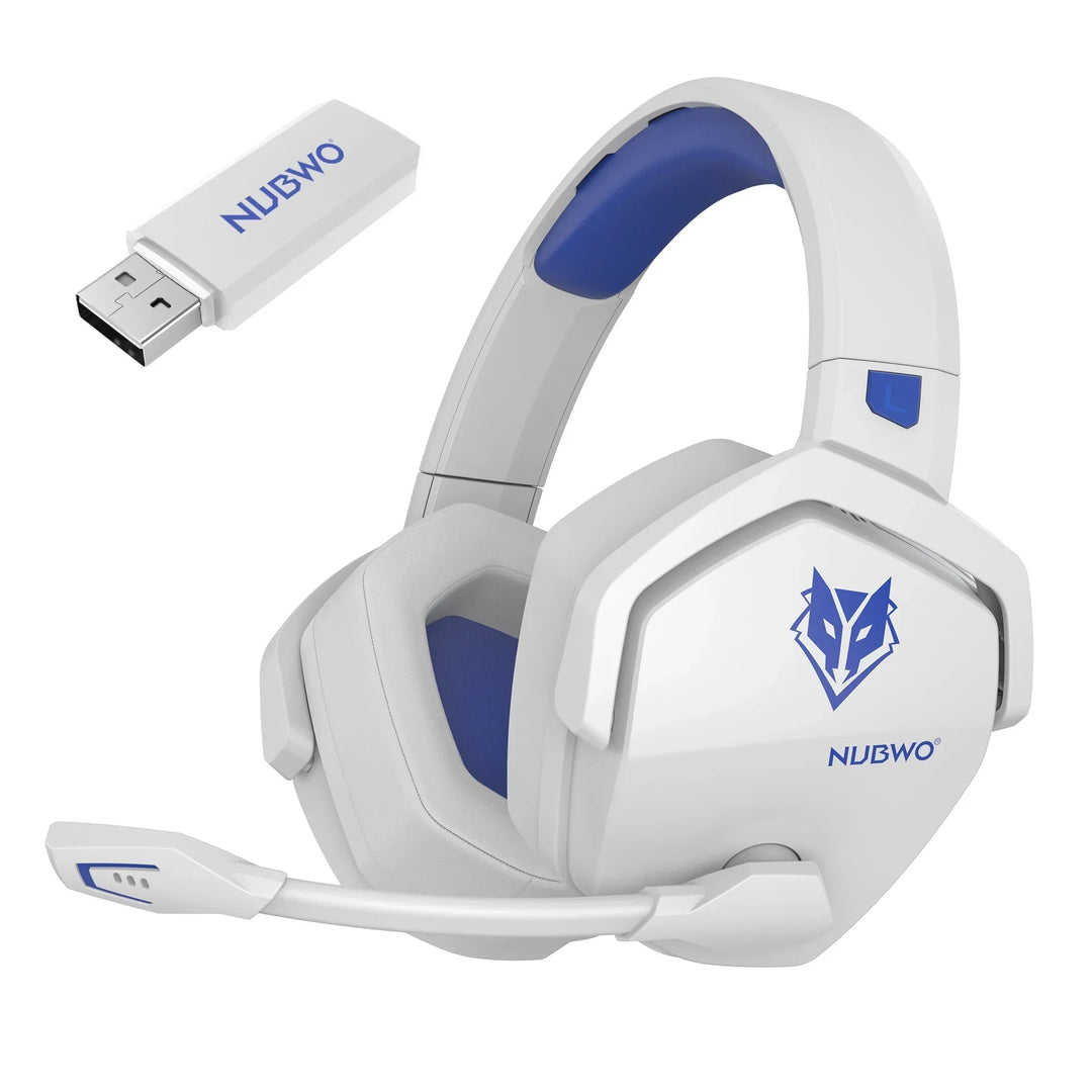 White and blue wireless gaming headset