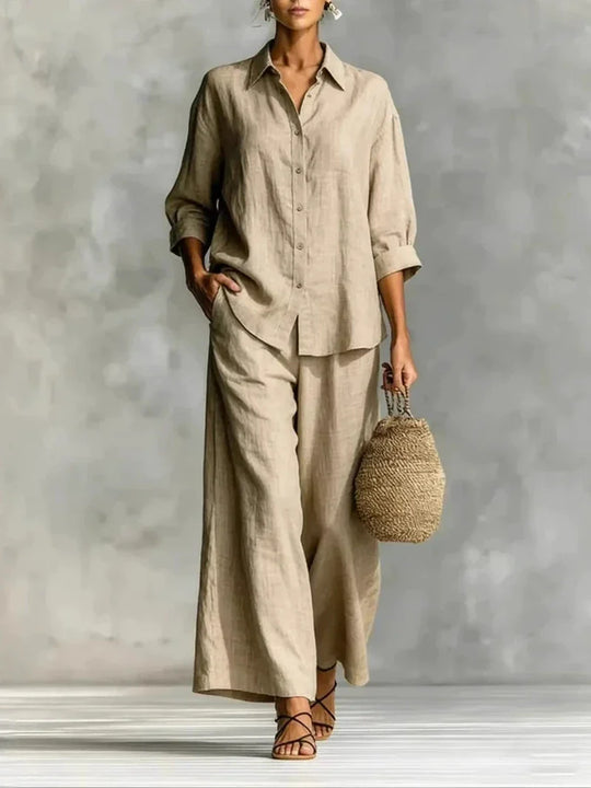 Two Piece Shirt and Wide Leg Pants Set for Summer Days