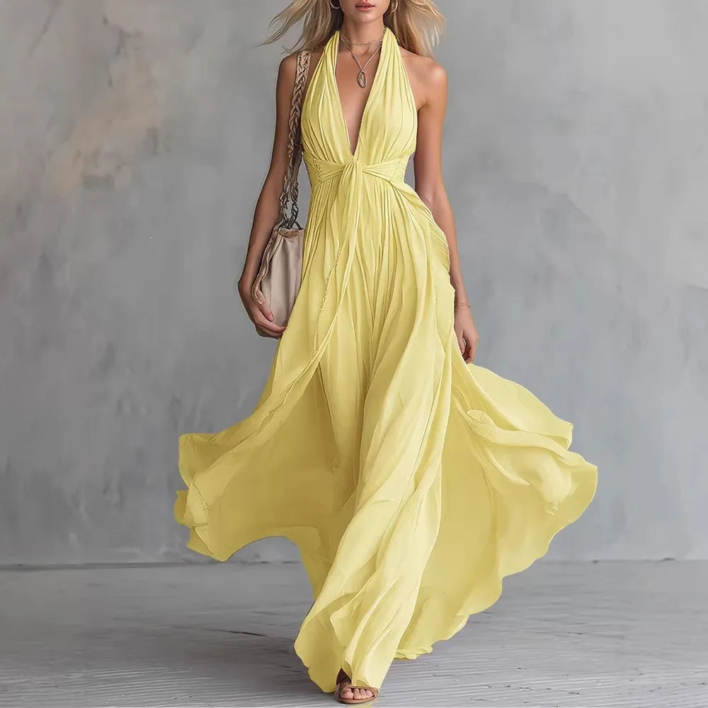 Elegant Halter Deep V Backless Maxi Dress for Evening Occasions