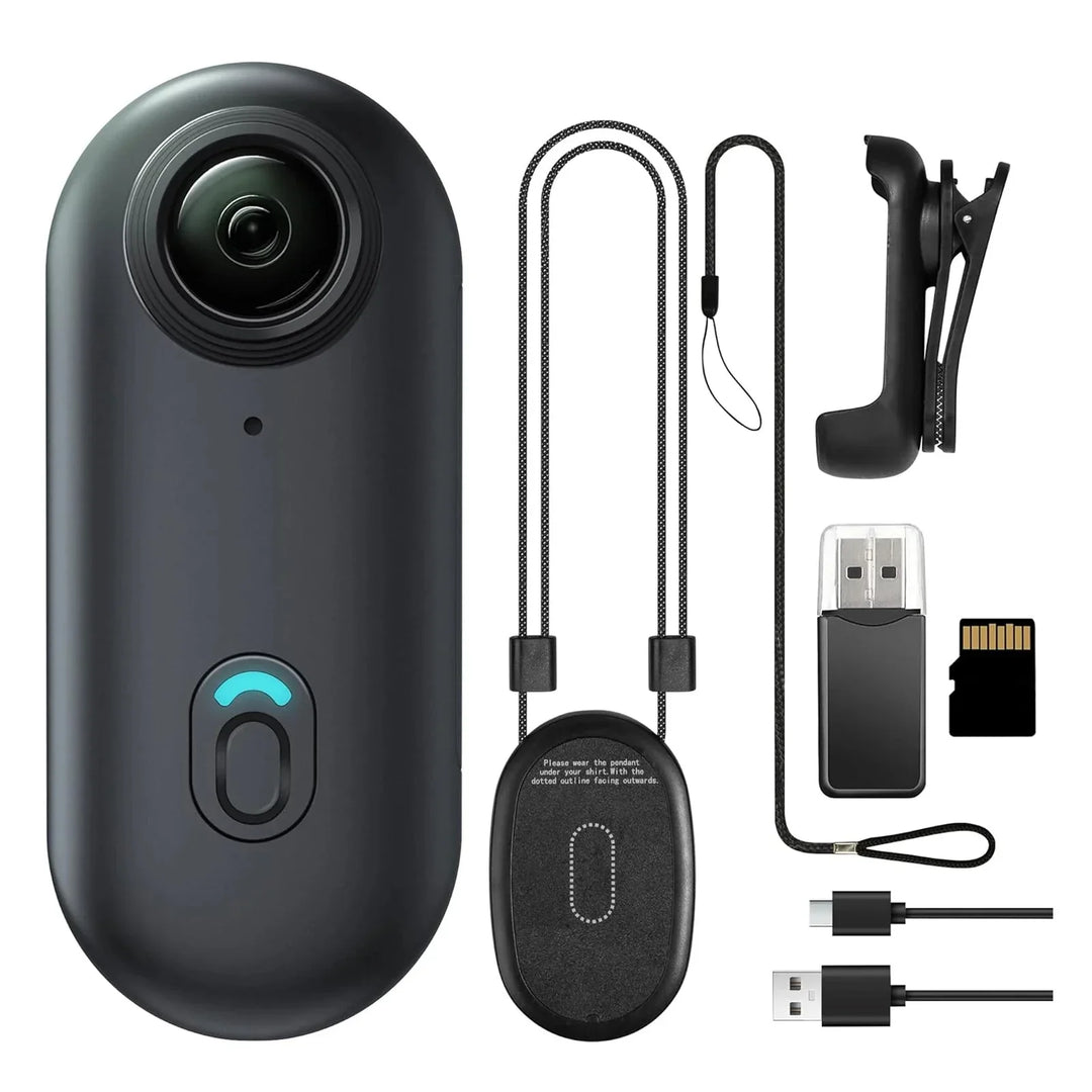 Black mini action camera with accessories
