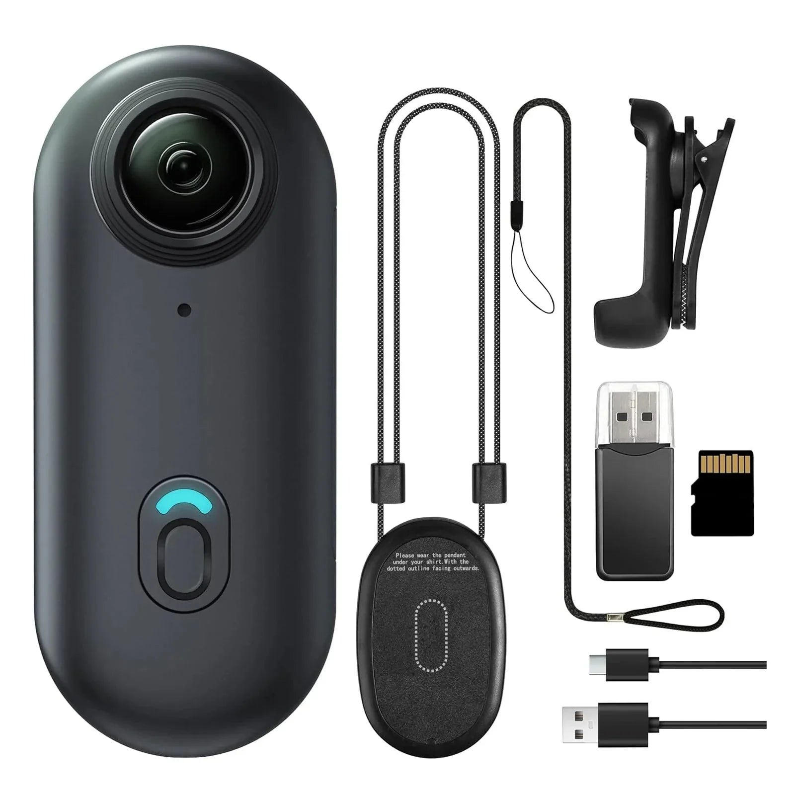 Black mini action camera with accessories
