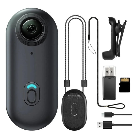 Black mini action camera with accessories