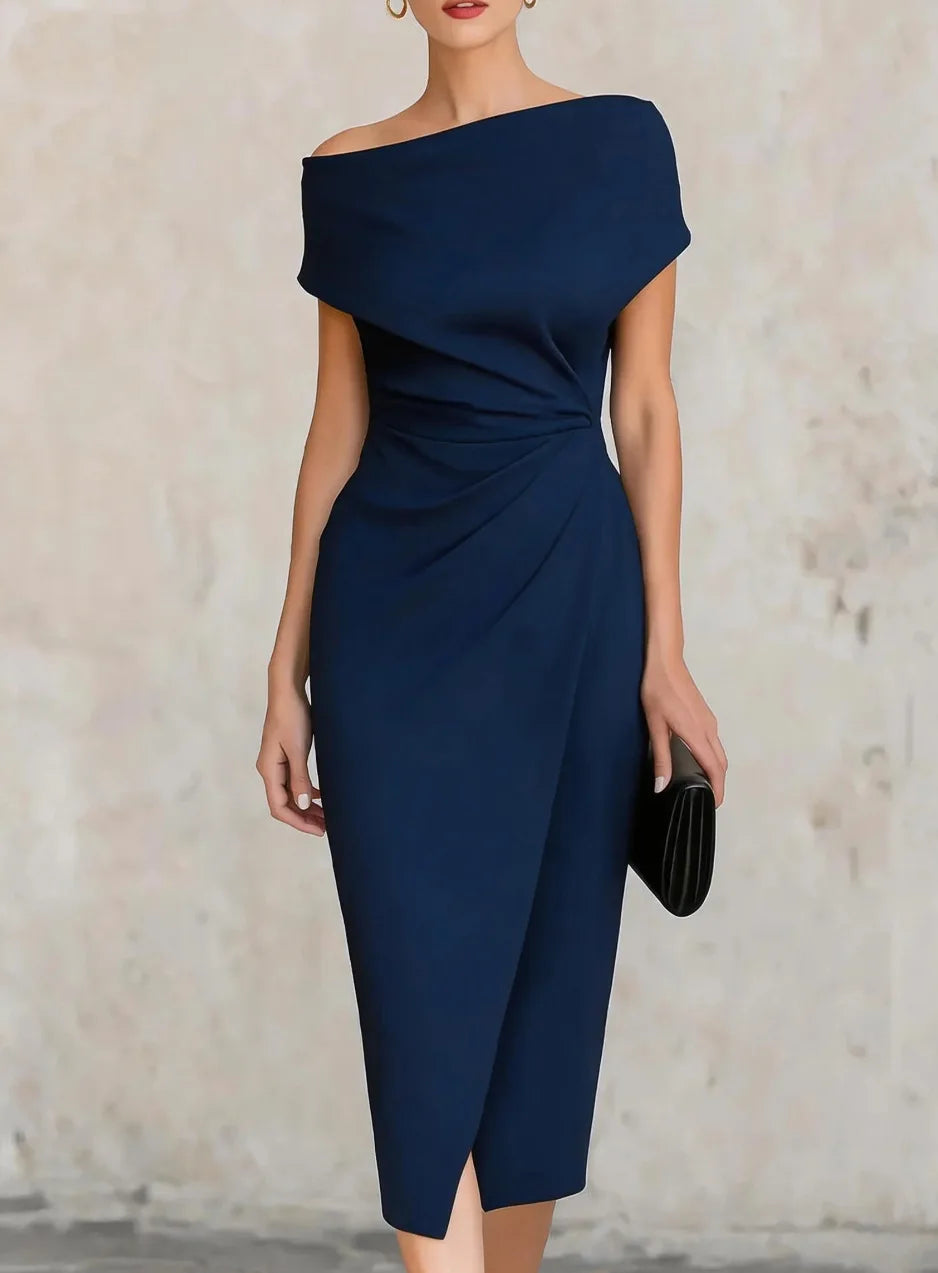 Elegant One Shoulder Pleated Midi Dress for Evening Occasions