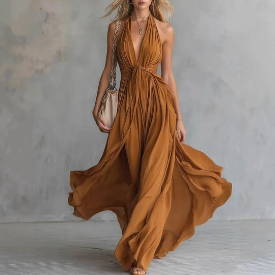 Elegant Halter Deep V Backless Maxi Dress for Evening Occasions