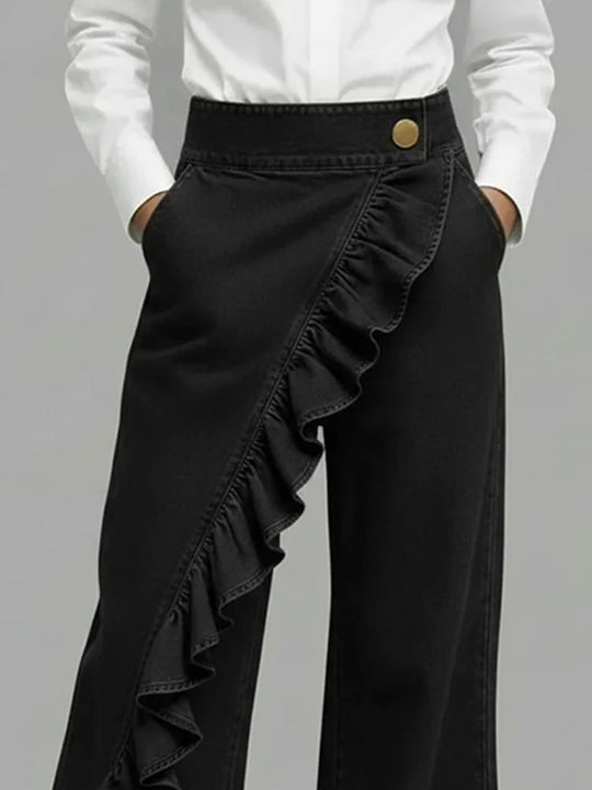 Wide Leg Asymmetrical Ruffle Jeans for Casual Streetwear