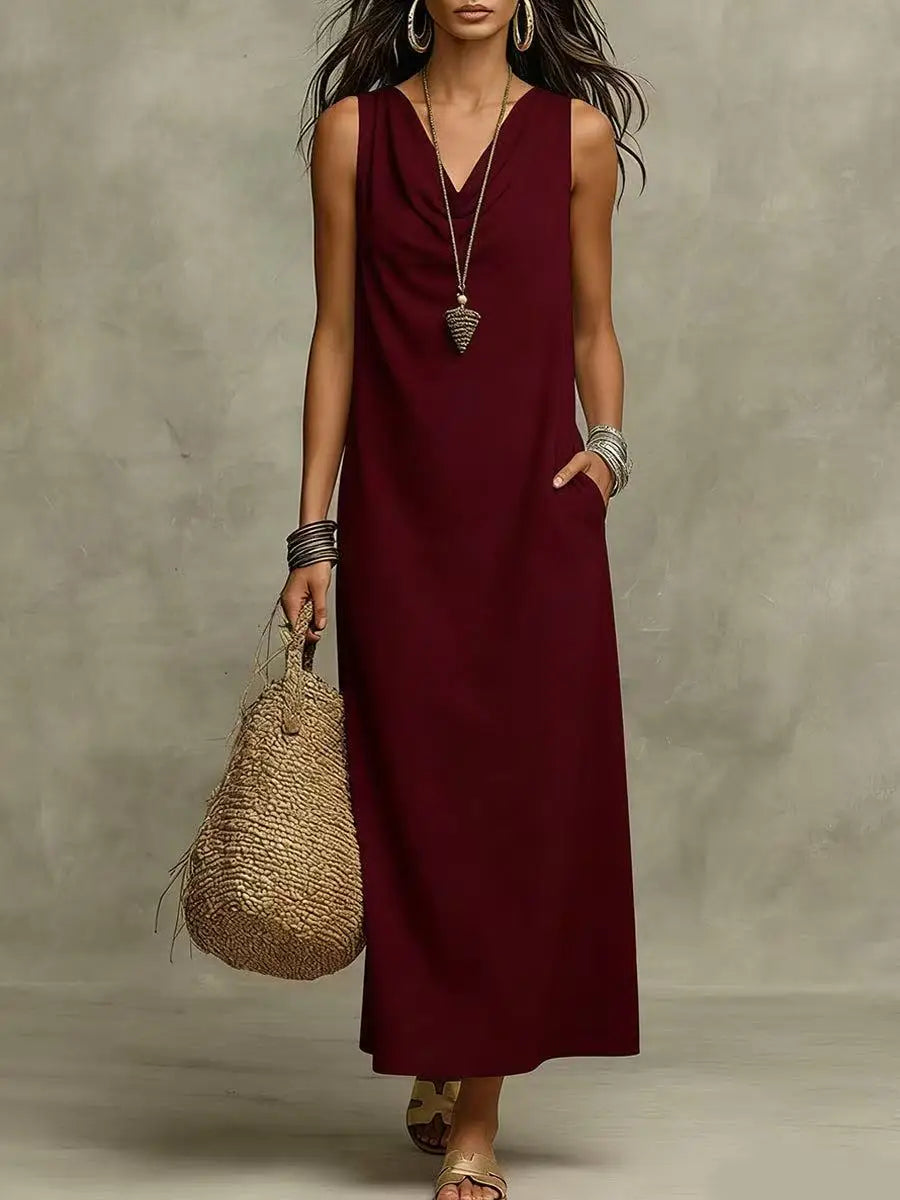 Casual Linen Sleeveless V Neck Maxi Dress for Summer