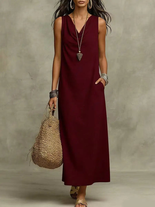 Casual Linen Sleeveless V Neck Maxi Dress for Summer