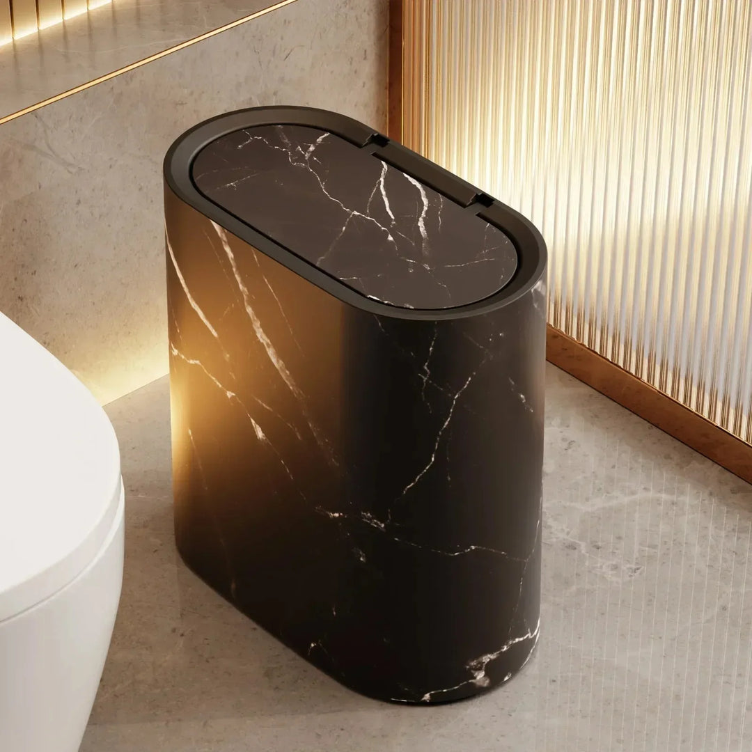 Black marble push-top trash can
