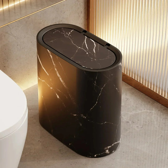 Black marble push-top trash can