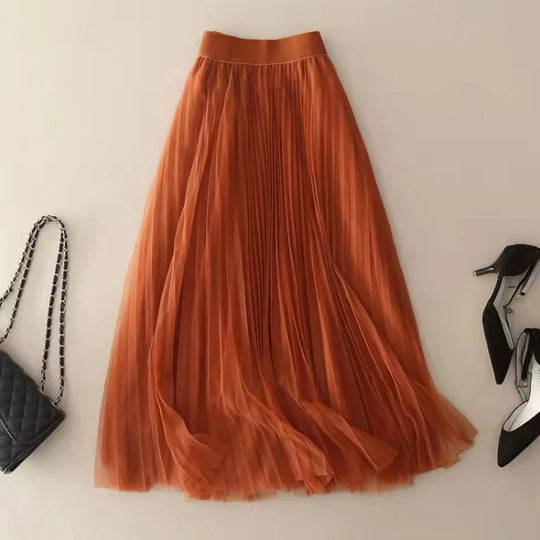 Pleated Mesh Midi Skirt for Everyday Elegance