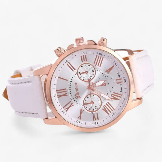 Womens watch with white leather strap