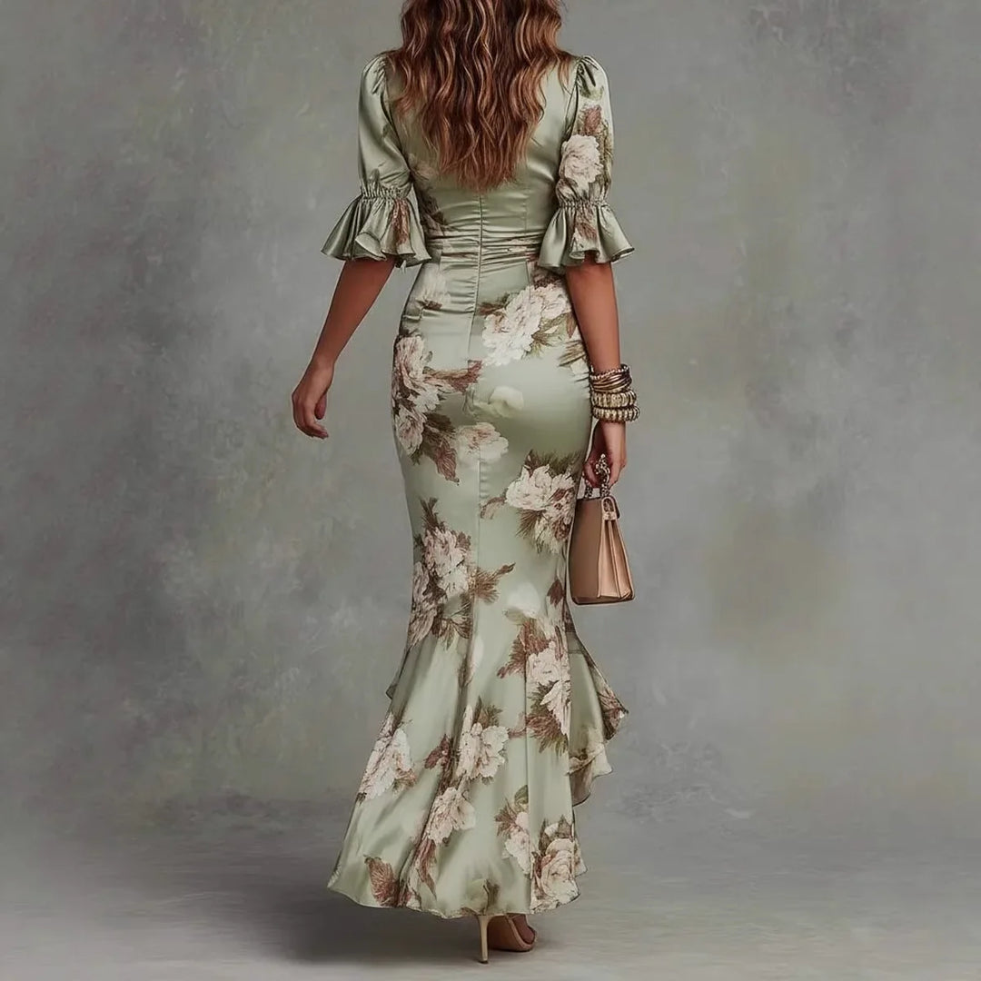 Floral Ruffle V Neck Maxi Dress for Wedding Guests