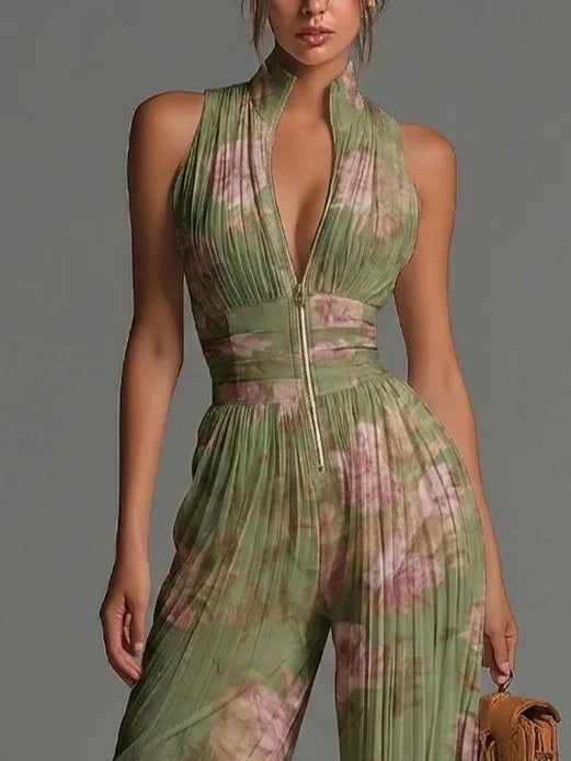 Elegant Pleated Halter Wide Leg Jumpsuit for Evening and Occasion Wear - detail
