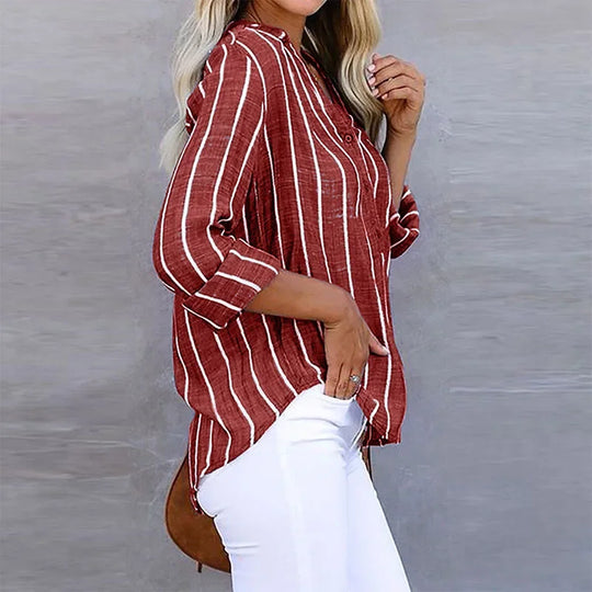 Relaxed Striped V-Neck Button Shirt for Casual Everyday Wear - Brown