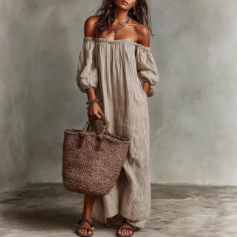 Off Shoulder Striped Maxi Dress for Beach Vacations