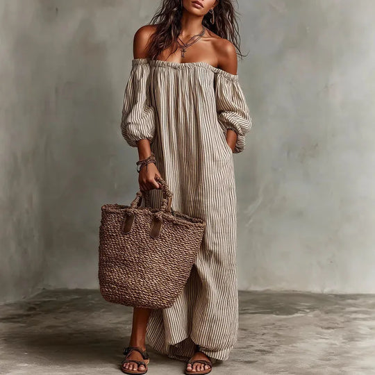Off Shoulder Striped Maxi Dress for Beach Vacations