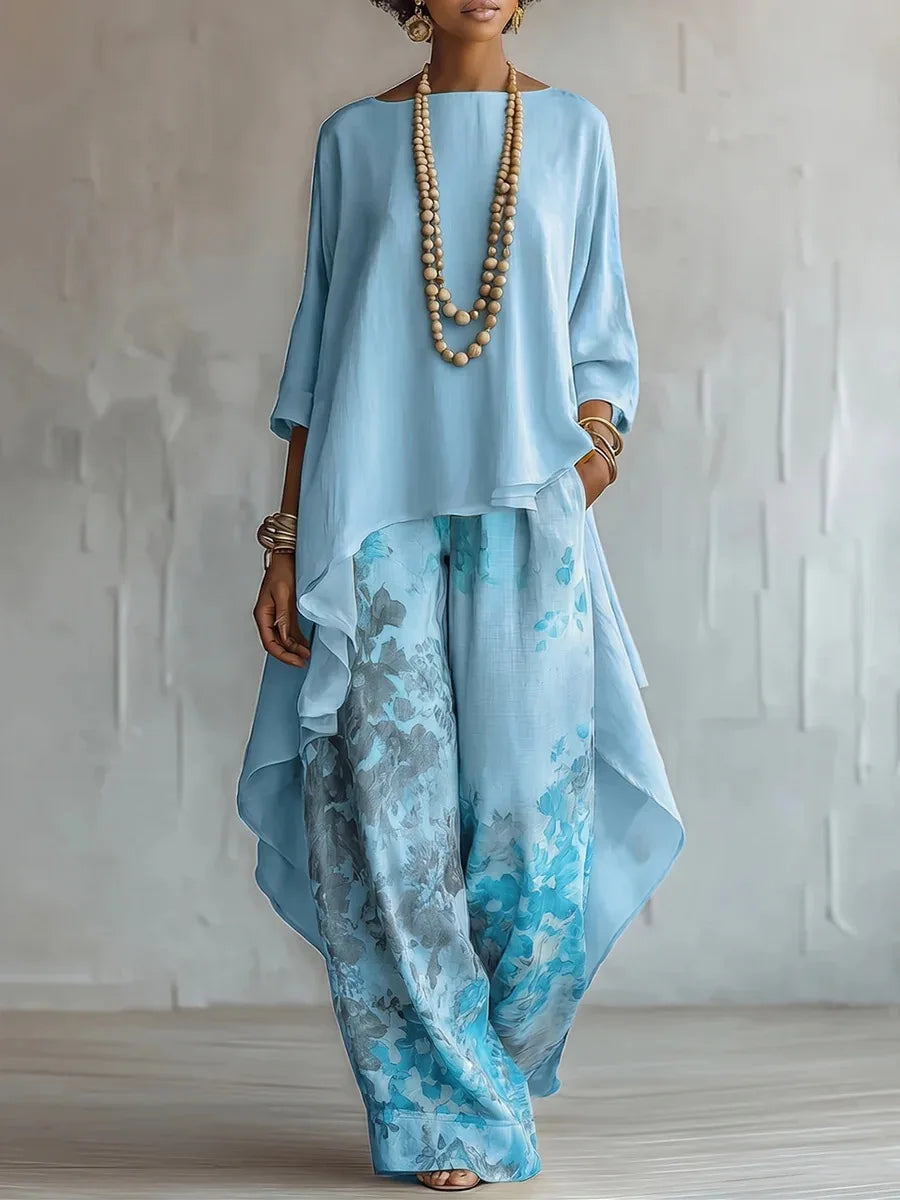Flowing Floral Print Top and Wide Leg Pants Set for Elegant Occasions - Blue
